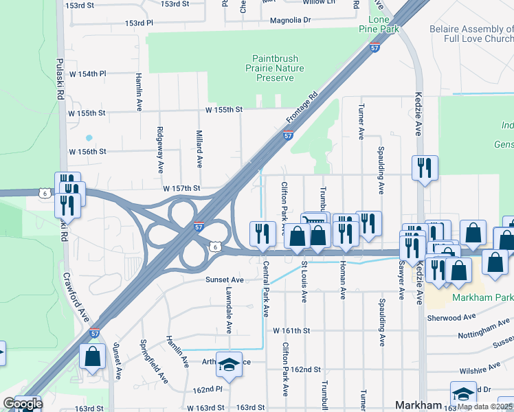 map of restaurants, bars, coffee shops, grocery stores, and more near 15742 Central Park Avenue in Markham