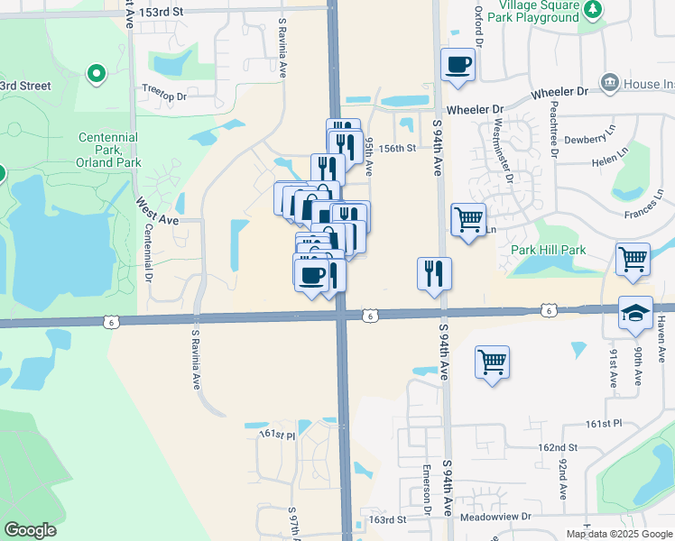 map of restaurants, bars, coffee shops, grocery stores, and more near 15782 South La Grange Road in Orland Park