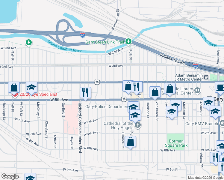 map of restaurants, bars, coffee shops, grocery stores, and more near 456 Pierce St in Gary