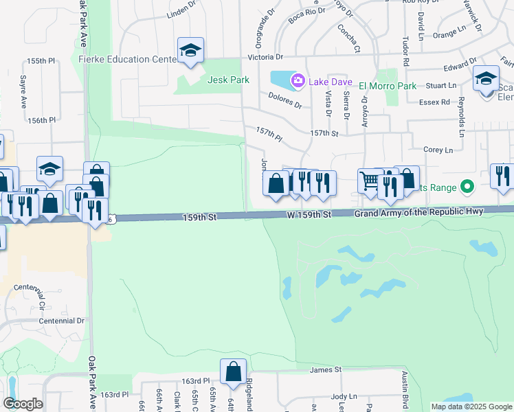 map of restaurants, bars, coffee shops, grocery stores, and more near 6360 159th Street in Oak Forest