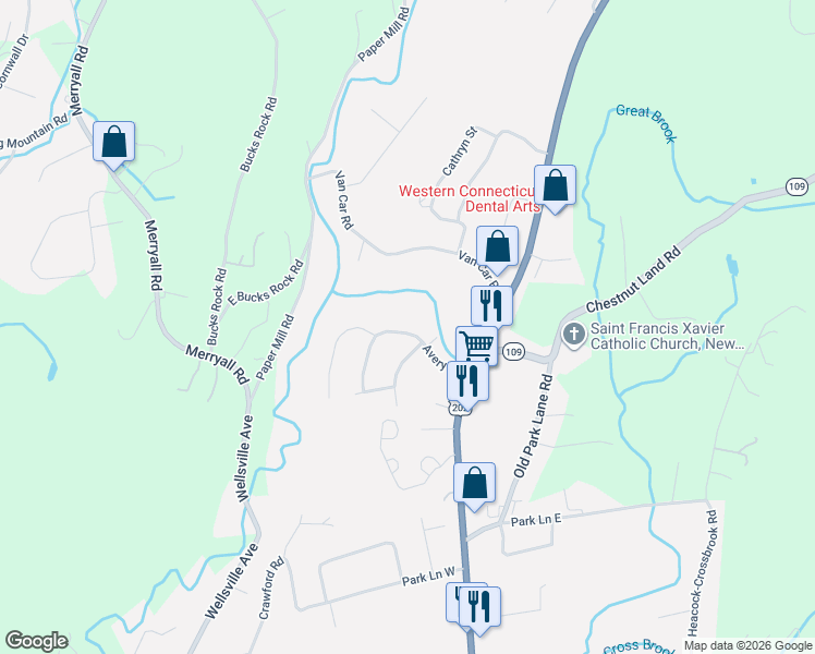 map of restaurants, bars, coffee shops, grocery stores, and more near 23 Avery Road in New Milford