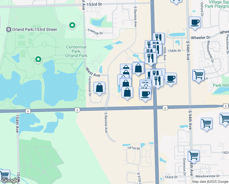 map of restaurants, bars, coffee shops, grocery stores, and more near 15743 South Ravinia Avenue in Orland Park