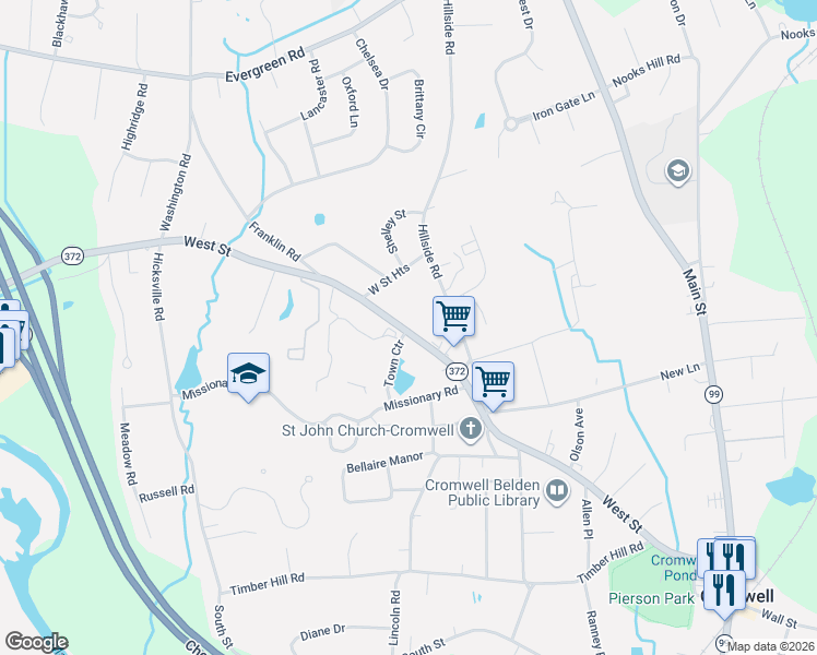 map of restaurants, bars, coffee shops, grocery stores, and more near 104 West Street in Cromwell
