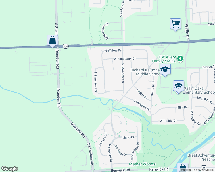 map of restaurants, bars, coffee shops, grocery stores, and more near 15405 South Sunshine Circle in Plainfield