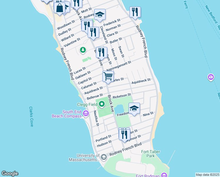 map of restaurants, bars, coffee shops, grocery stores, and more near 293 Brock Avenue in New Bedford