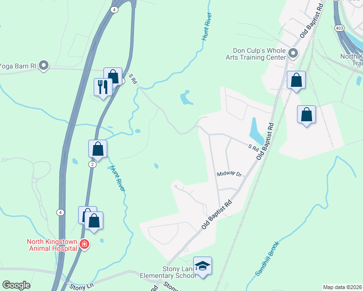 map of restaurants, bars, coffee shops, grocery stores, and more near 150 South Road in East Greenwich