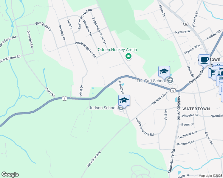 map of restaurants, bars, coffee shops, grocery stores, and more near 433 Woodbury Road in Watertown