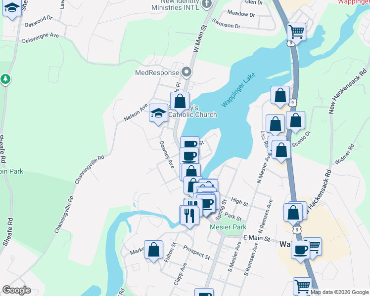 map of restaurants, bars, coffee shops, grocery stores, and more near 2721 West Main Street in Wappingers Falls