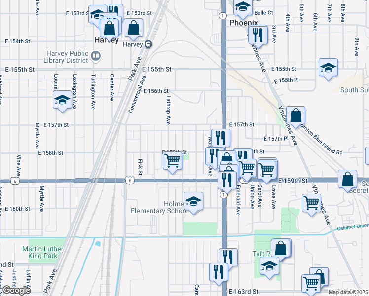 map of restaurants, bars, coffee shops, grocery stores, and more near 15804 Finch Avenue in Harvey