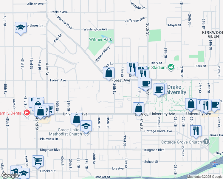 map of restaurants, bars, coffee shops, grocery stores, and more near 1305 34th Street in Des Moines
