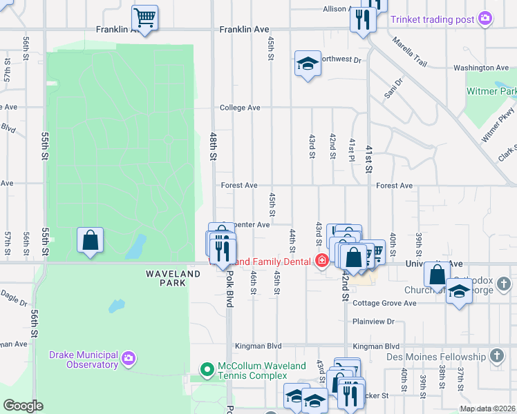 map of restaurants, bars, coffee shops, grocery stores, and more near 1304 45th Street in Des Moines