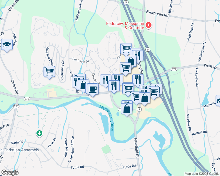 map of restaurants, bars, coffee shops, grocery stores, and more near 49 Cromwell Hills Drive in Cromwell