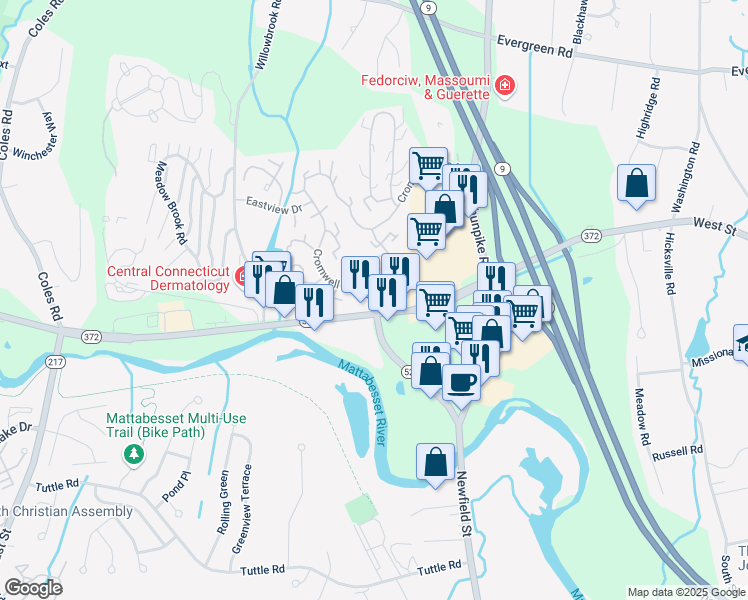 map of restaurants, bars, coffee shops, grocery stores, and more near 49 Cromwell Hills Drive in Cromwell