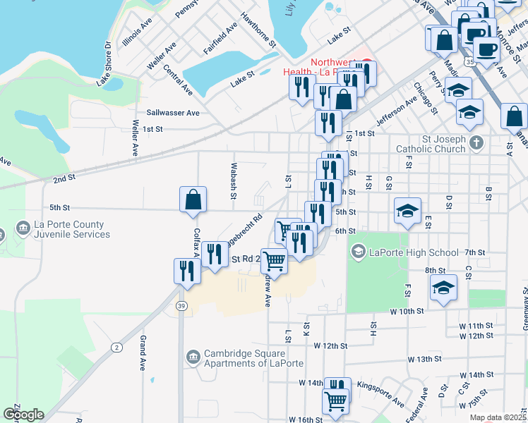 map of restaurants, bars, coffee shops, grocery stores, and more near 501 Eggebrecht Road in La Porte