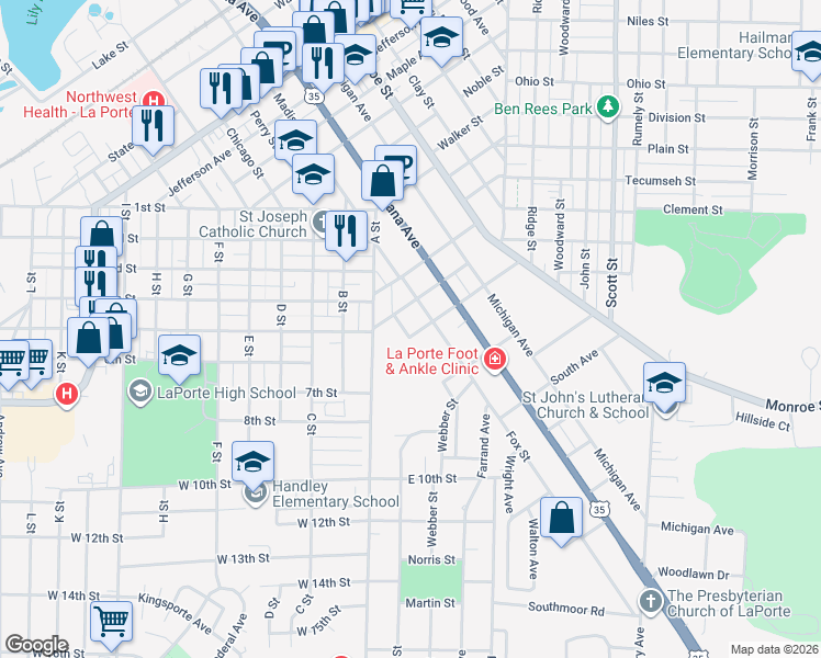 map of restaurants, bars, coffee shops, grocery stores, and more near 118 Carter Street in La Porte