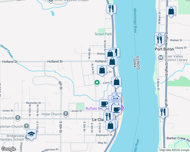map of restaurants, bars, coffee shops, grocery stores, and more near 517 North 3rd Street in Le Claire