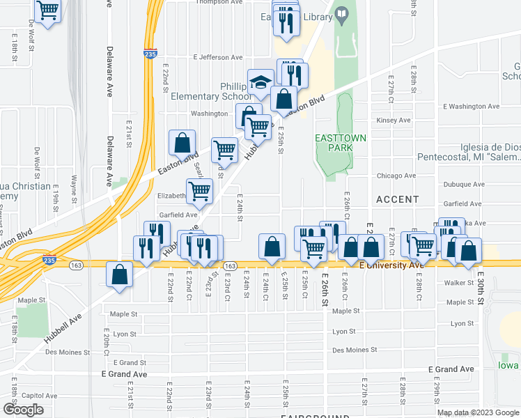 map of restaurants, bars, coffee shops, grocery stores, and more near 2422 Garfield Avenue in Des Moines