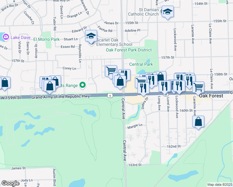 map of restaurants, bars, coffee shops, grocery stores, and more near 5616 159th Street in Oak Forest