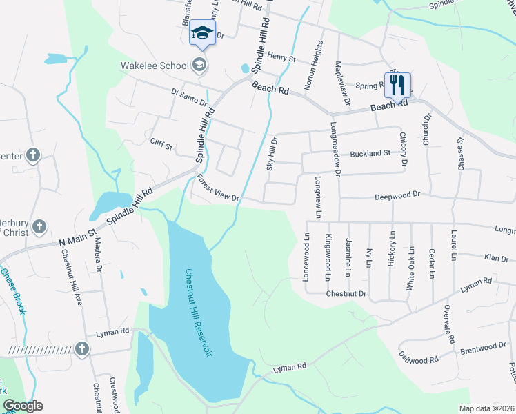 map of restaurants, bars, coffee shops, grocery stores, and more near 16 Oakengate Road in Wolcott