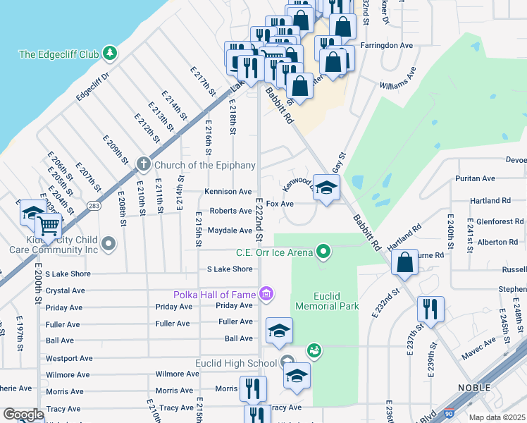 map of restaurants, bars, coffee shops, grocery stores, and more near 421 East 222nd Street in Euclid