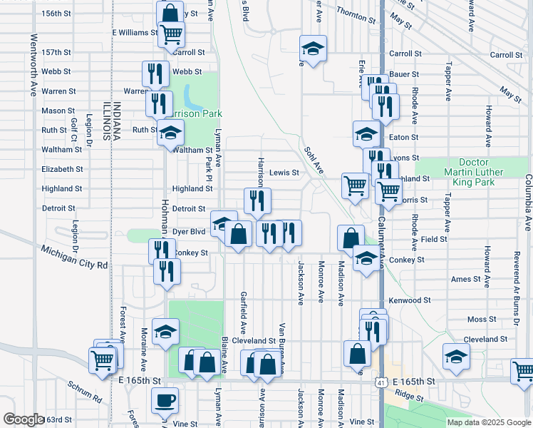 map of restaurants, bars, coffee shops, grocery stores, and more near 510 Detroit Street in Hammond