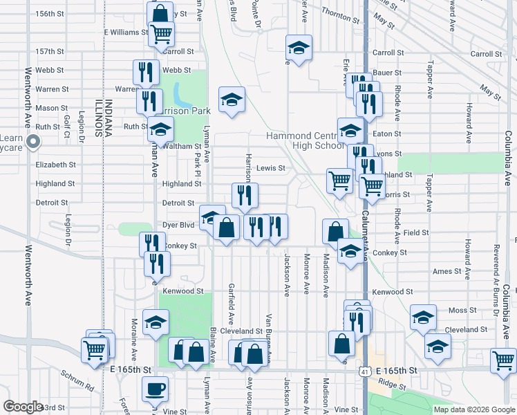 map of restaurants, bars, coffee shops, grocery stores, and more near 514 Detroit Street in Hammond