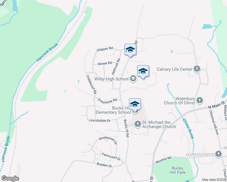 map of restaurants, bars, coffee shops, grocery stores, and more near 36 Greystone Road in Waterbury