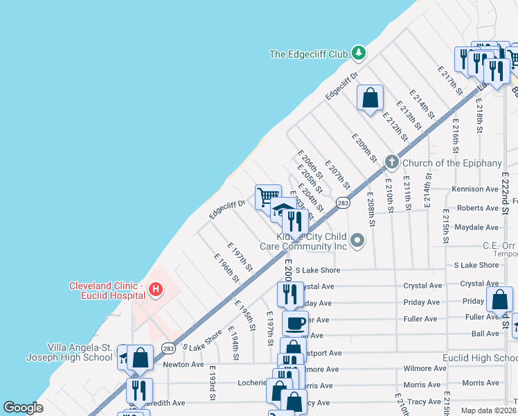 map of restaurants, bars, coffee shops, grocery stores, and more near 135 East 200th Street in Euclid