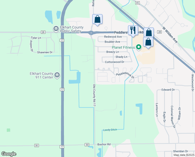 map of restaurants, bars, coffee shops, grocery stores, and more near 61328-61478 Old County Road 17 in Goshen