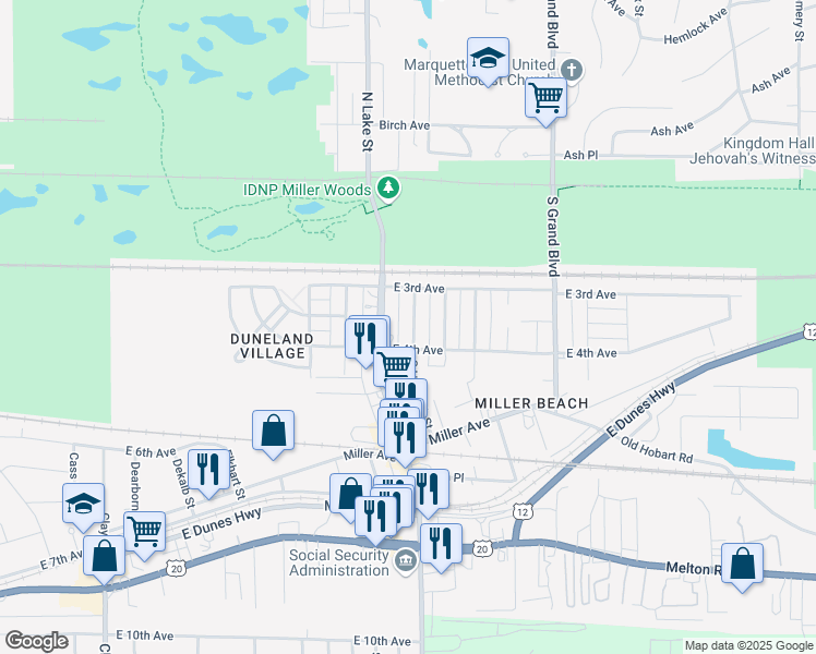 map of restaurants, bars, coffee shops, grocery stores, and more near 394 South Hancock Street in Gary