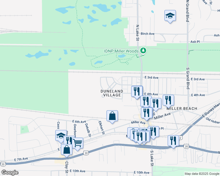 map of restaurants, bars, coffee shops, grocery stores, and more near 427 Old Duneland Parkway in Gary