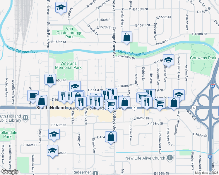 map of restaurants, bars, coffee shops, grocery stores, and more near 16103 Evans Avenue in South Holland