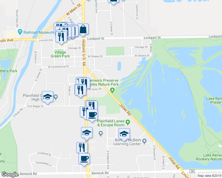 map of restaurants, bars, coffee shops, grocery stores, and more near 15425 Joliet Road in Plainfield