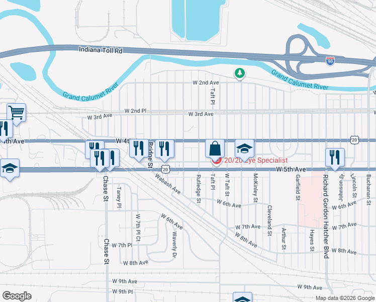 map of restaurants, bars, coffee shops, grocery stores, and more near 455 Ellsworth Street in Gary