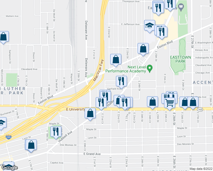 map of restaurants, bars, coffee shops, grocery stores, and more near 1321 East 22nd Street in Des Moines