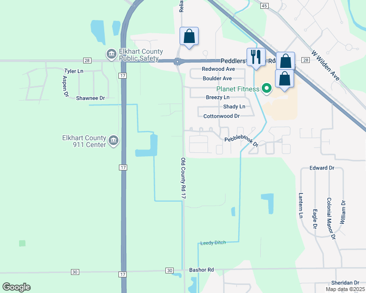 map of restaurants, bars, coffee shops, grocery stores, and more near 61328 Old County Road 17 in Goshen