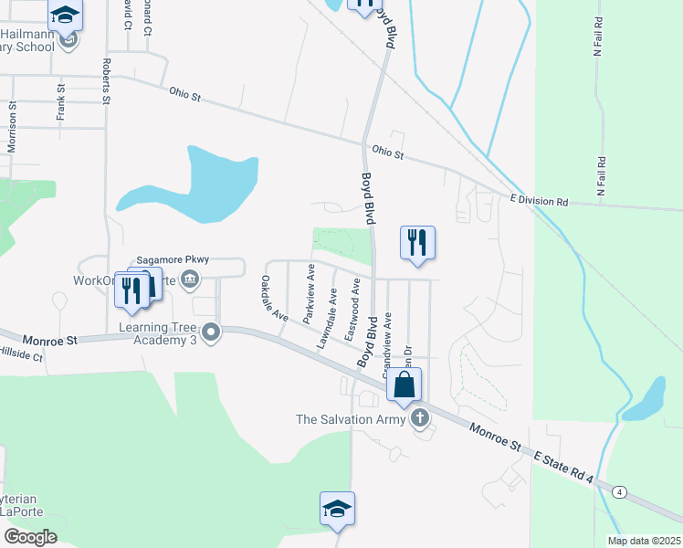 map of restaurants, bars, coffee shops, grocery stores, and more near 218 Lawndale Avenue in La Porte