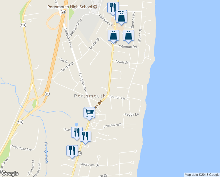 map of restaurants, bars, coffee shops, grocery stores, and more near 2719 East Main Road in Portsmouth