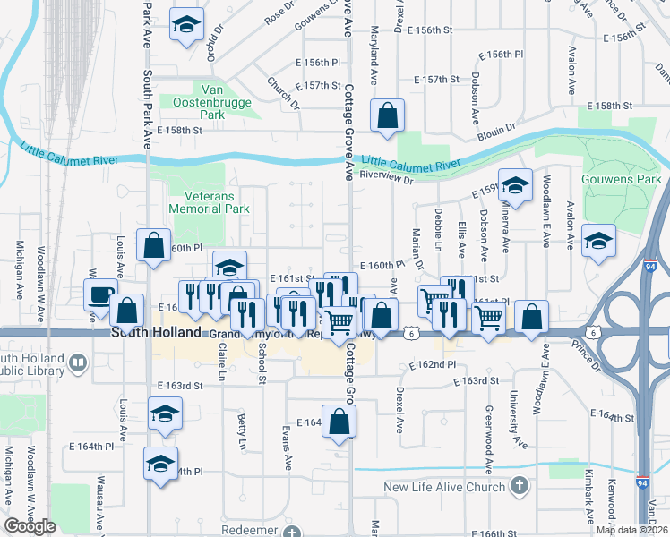 map of restaurants, bars, coffee shops, grocery stores, and more near 16103 Evans Avenue in South Holland