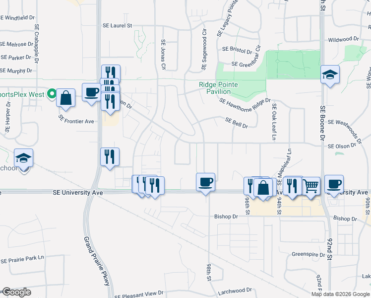 map of restaurants, bars, coffee shops, grocery stores, and more near 985 Southeast Bluegrass Circle in Waukee