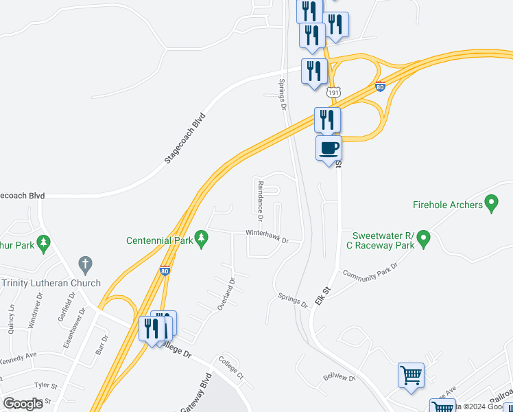 map of restaurants, bars, coffee shops, grocery stores, and more near 1410 Raindance Drive in Rock Springs