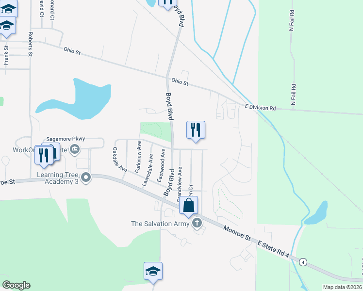map of restaurants, bars, coffee shops, grocery stores, and more near 201-231 Grandview Ave in La Porte