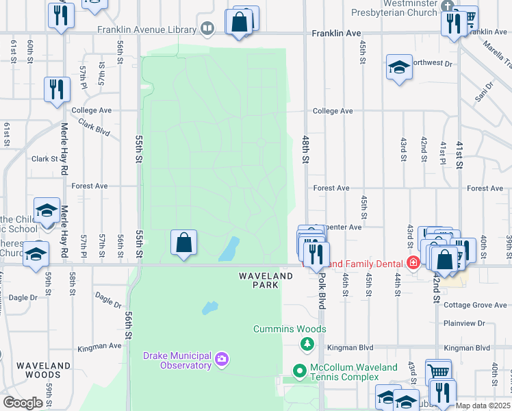 map of restaurants, bars, coffee shops, grocery stores, and more near 4903 University Avenue in Des Moines