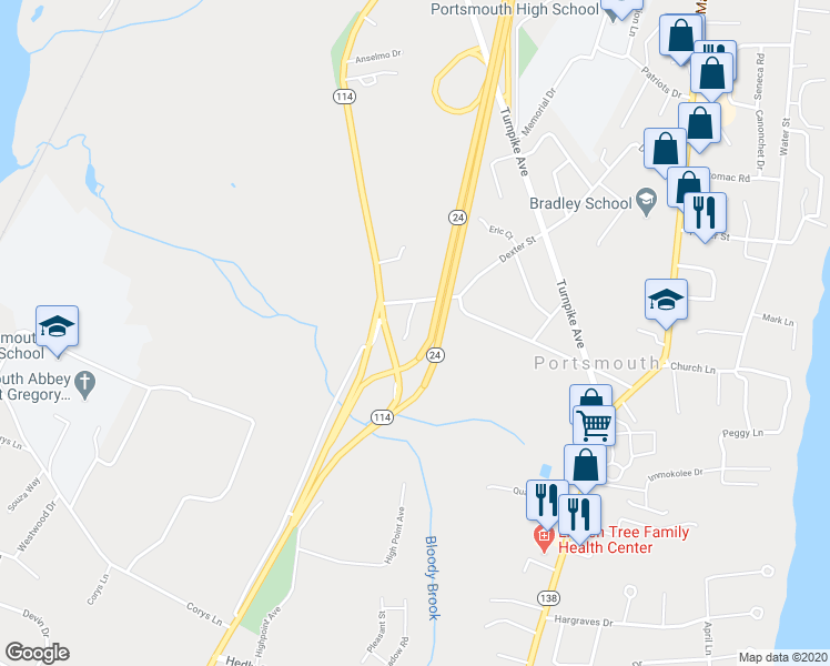 map of restaurants, bars, coffee shops, grocery stores, and more near 30 Statue Way in Portsmouth