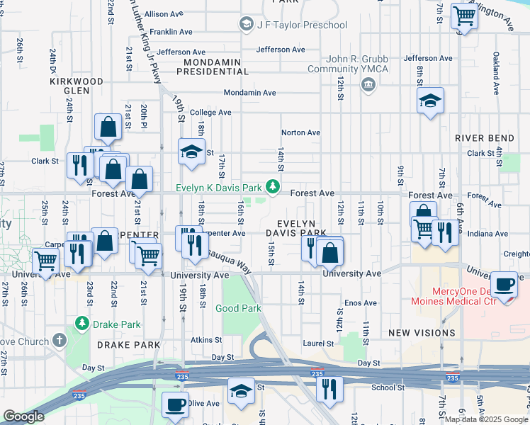 map of restaurants, bars, coffee shops, grocery stores, and more near 1501 Carpenter Avenue in Des Moines