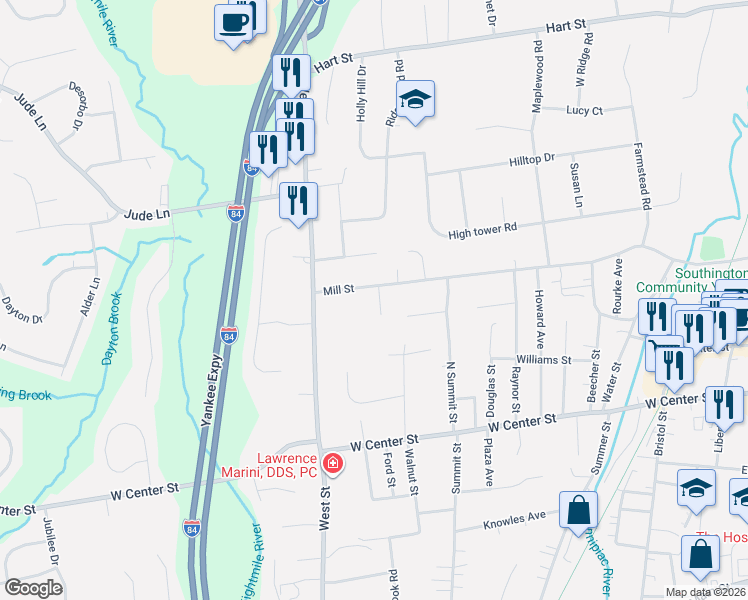 map of restaurants, bars, coffee shops, grocery stores, and more near 45 John Street in Southington