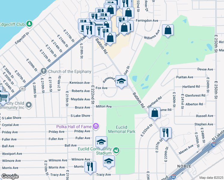 map of restaurants, bars, coffee shops, grocery stores, and more near 482 Clearview Drive in Euclid