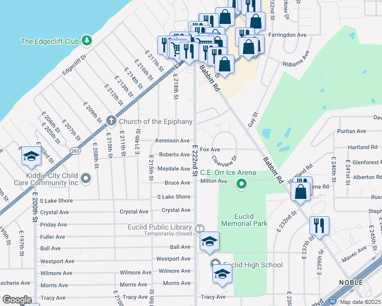 map of restaurants, bars, coffee shops, grocery stores, and more near 461 East 222nd Street in Euclid