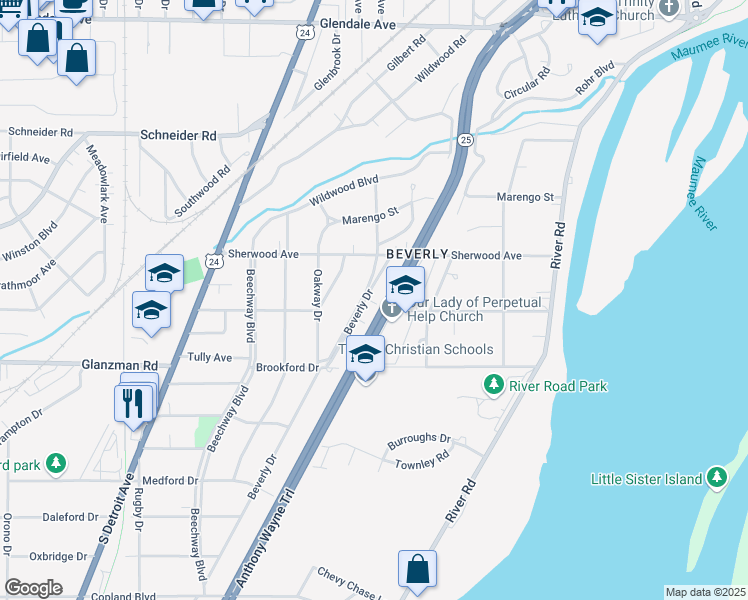 map of restaurants, bars, coffee shops, grocery stores, and more near 3501 Beverly Drive in Toledo