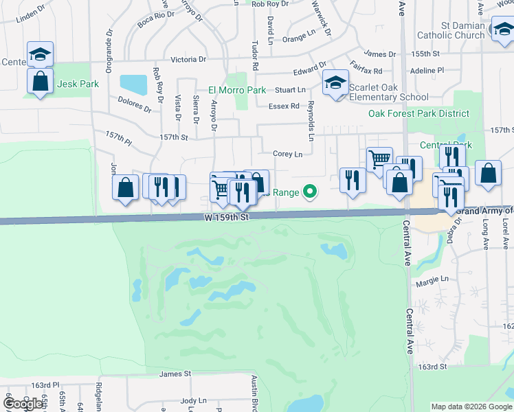 map of restaurants, bars, coffee shops, grocery stores, and more near 6000 159th Street in Oak Forest